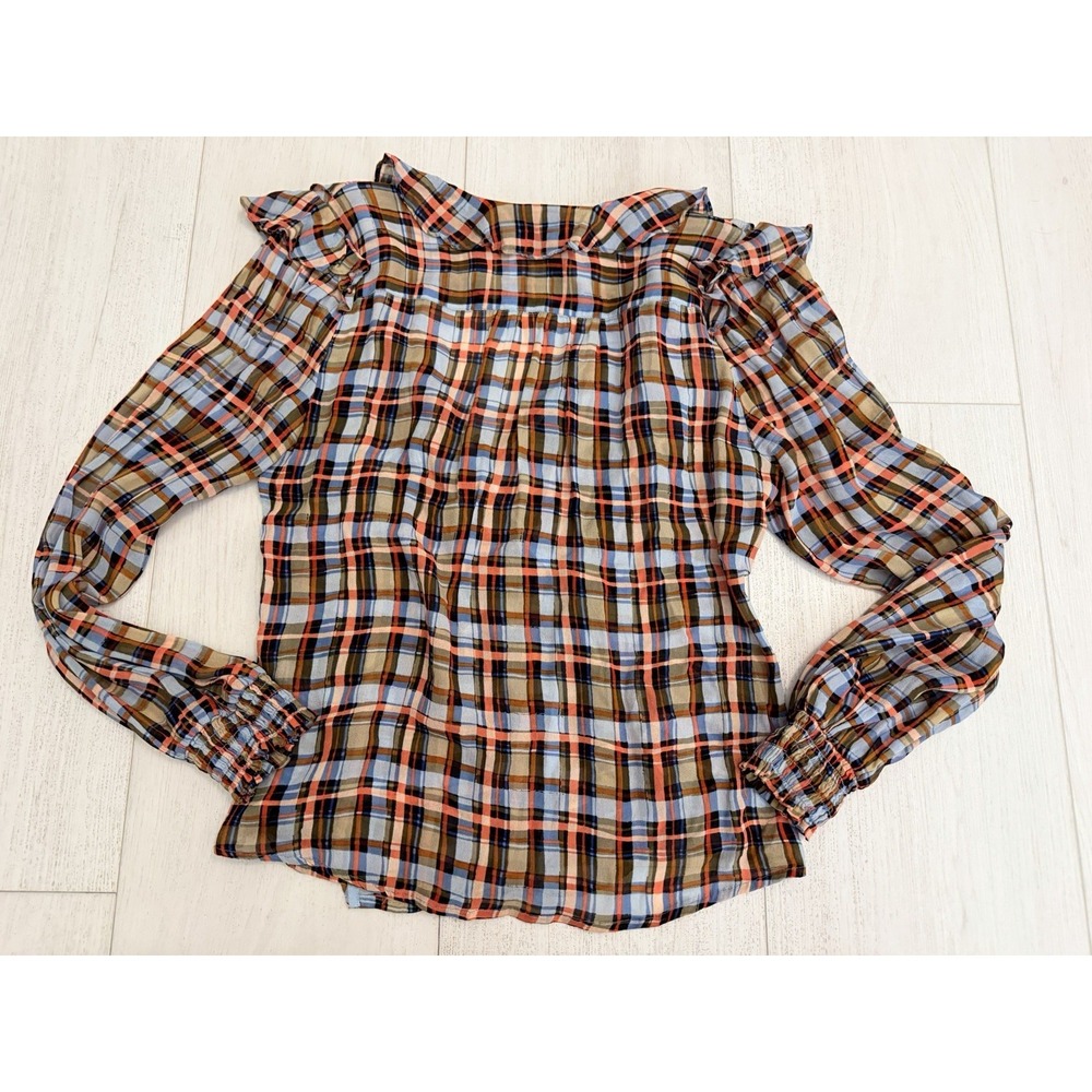 Maeve Anthropologie Laila Plaid Ruffle Sheer Top Sz 8 - Picture 4 of 7